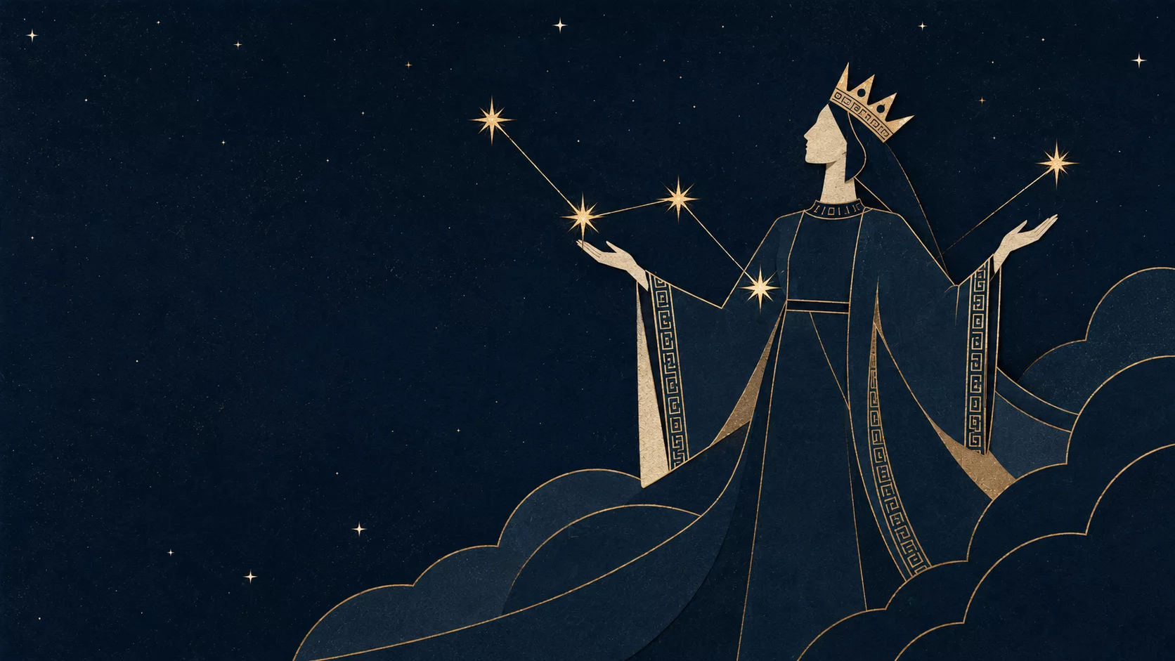 A crowned celestial guide connects gold stars into a constellation across a deep navy sky.