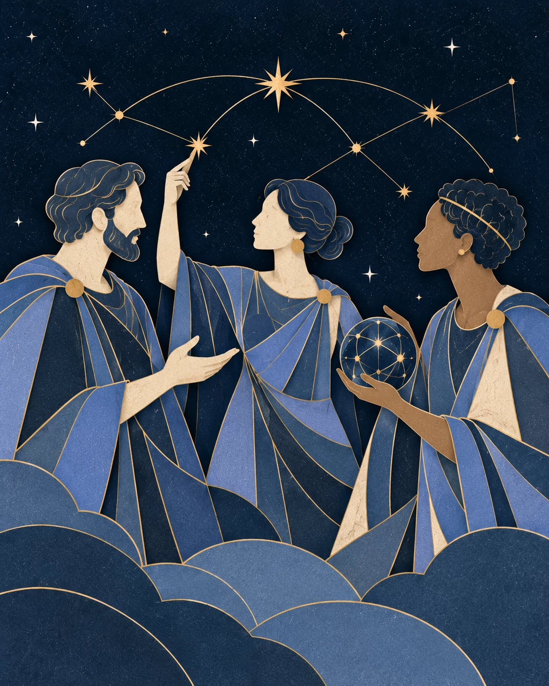 Three strategists connecting ideas across a shared constellation.